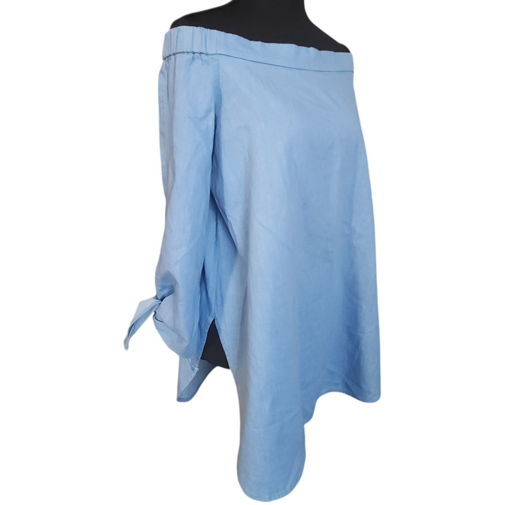 TIBI Off-The-Shoulder Blue Chambray Tunic Dress sz 10 Coastal Luxury Clean $295 - Picture 3 of 9